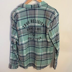 True Religion Y2K Plaid Flannel Shirt Distressed Hem Size L